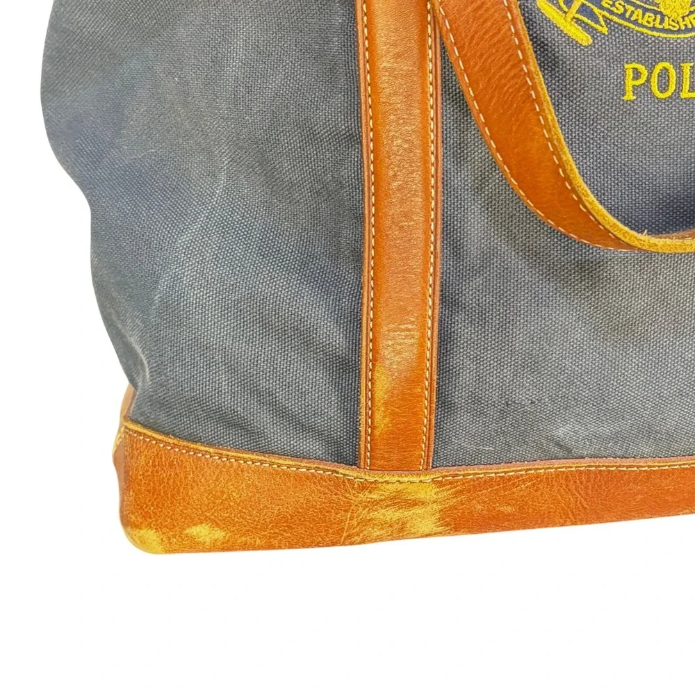 Vintage Polo Ralph Lauren Tote Bag Navy Canvas Leather Crest Heritage Preppy 90s